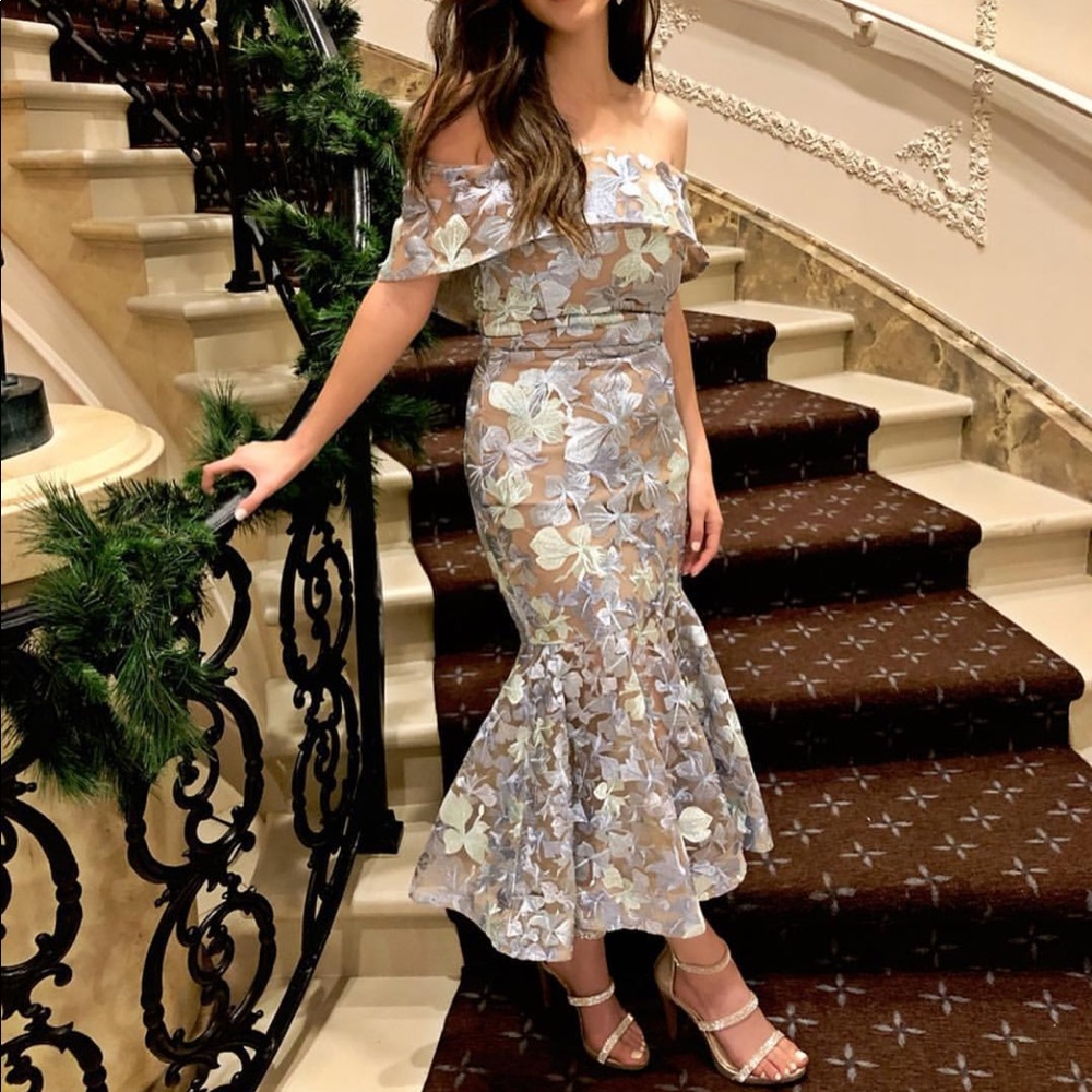 off the shoulder mermaid midi dress